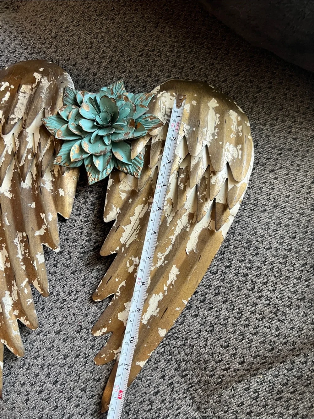 Distressed Gold Metal Angel Wings Wall Decor with Teal Flower Accent